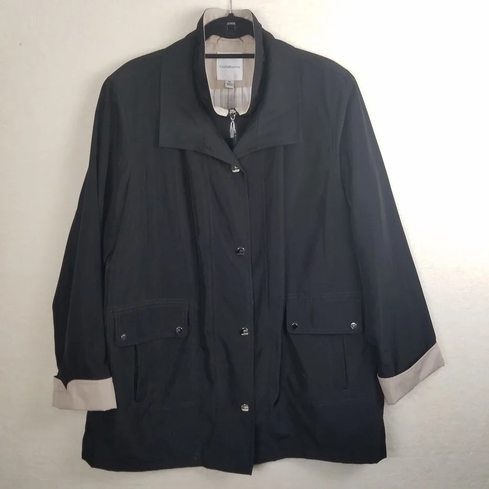 Crofts & Barrow Womens XL Black‎ Beige Trimmed Full Zip Jacket Lightweight